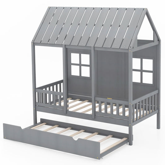 Twin Size House Bed Frame With Trundle, 82 Inch Tall Roof, Gray Toddler Beds Gray at Gallery Canada