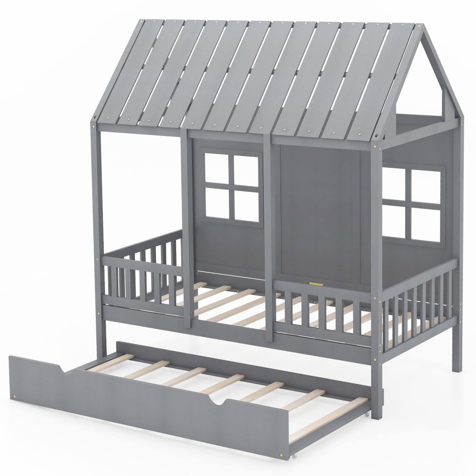 Twin Size House Bed Frame With Trundle, 82 Inch Tall Roof, Gray Toddler Beds Gray at Gallery Canada