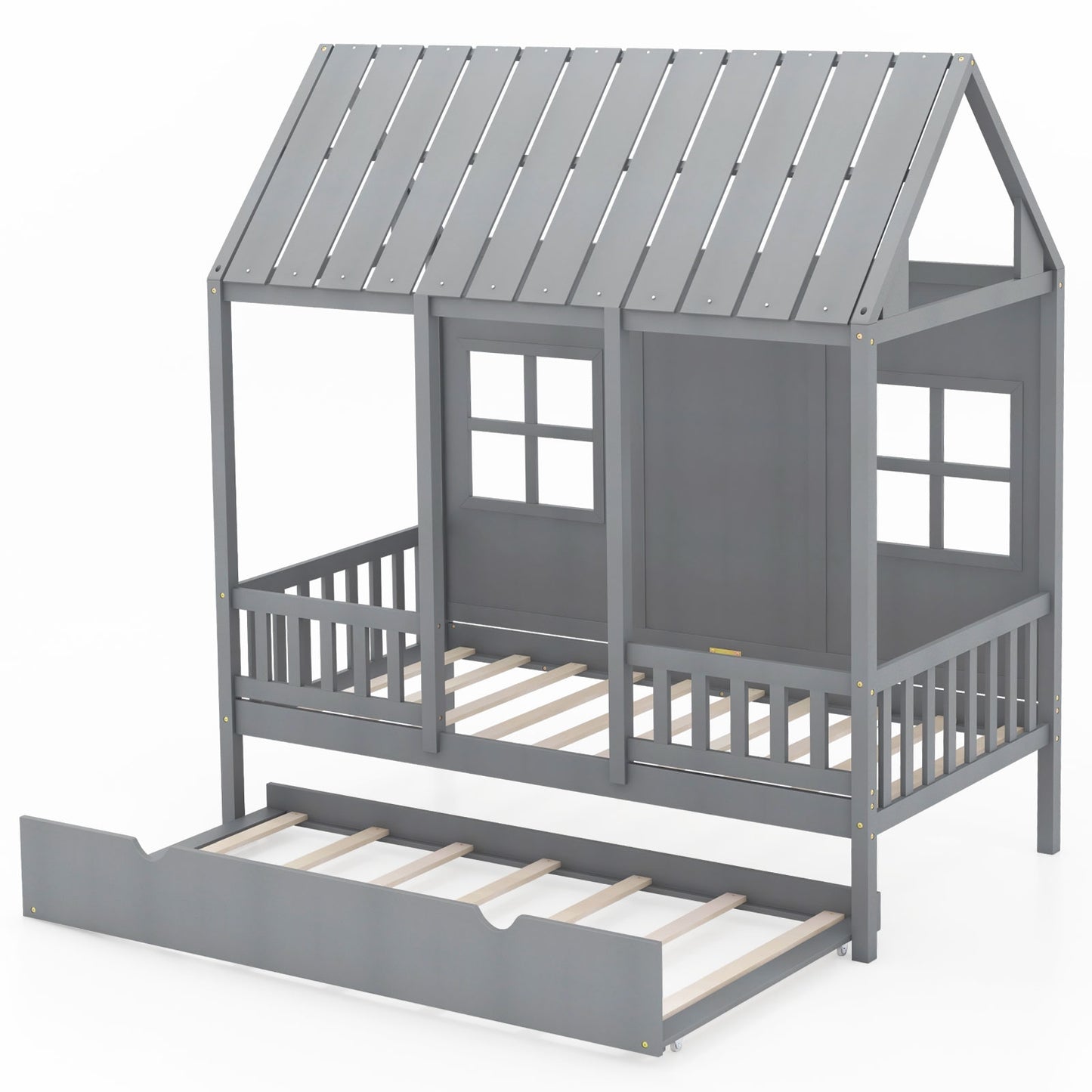 Twin Size House Bed Frame With Trundle, 82 Inch Tall Roof, Gray Toddler Beds Gray at Gallery Canada