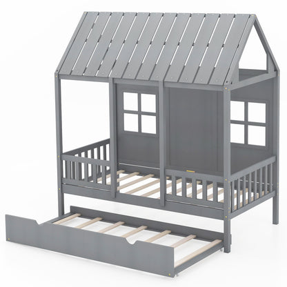 Twin Size House Bed Frame With Trundle, 82 Inch Tall Roof, Gray Toddler Beds Gray at Gallery Canada