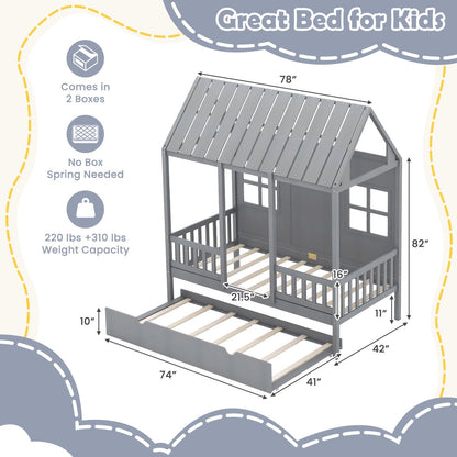 Twin Size Bed Frame House Bed with Trundle and 82 Inch Tall Roof, Gray