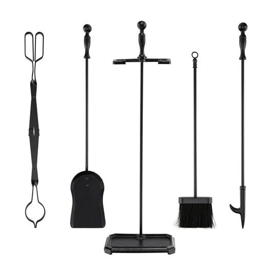 5-Piece Fireplace Tool Set with Tong Brush Shovel Poker Stand, Black - Gallery Canada