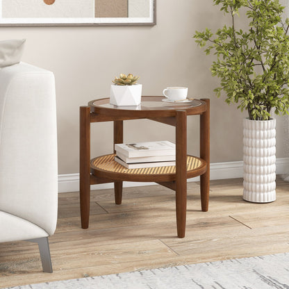 Rattan Round Side End Table with Tempered Glass Tabletop, Brown
