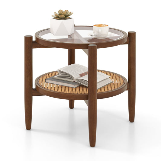 Rattan Round Side End Table with Tempered Glass Tabletop, Brown - Gallery Canada