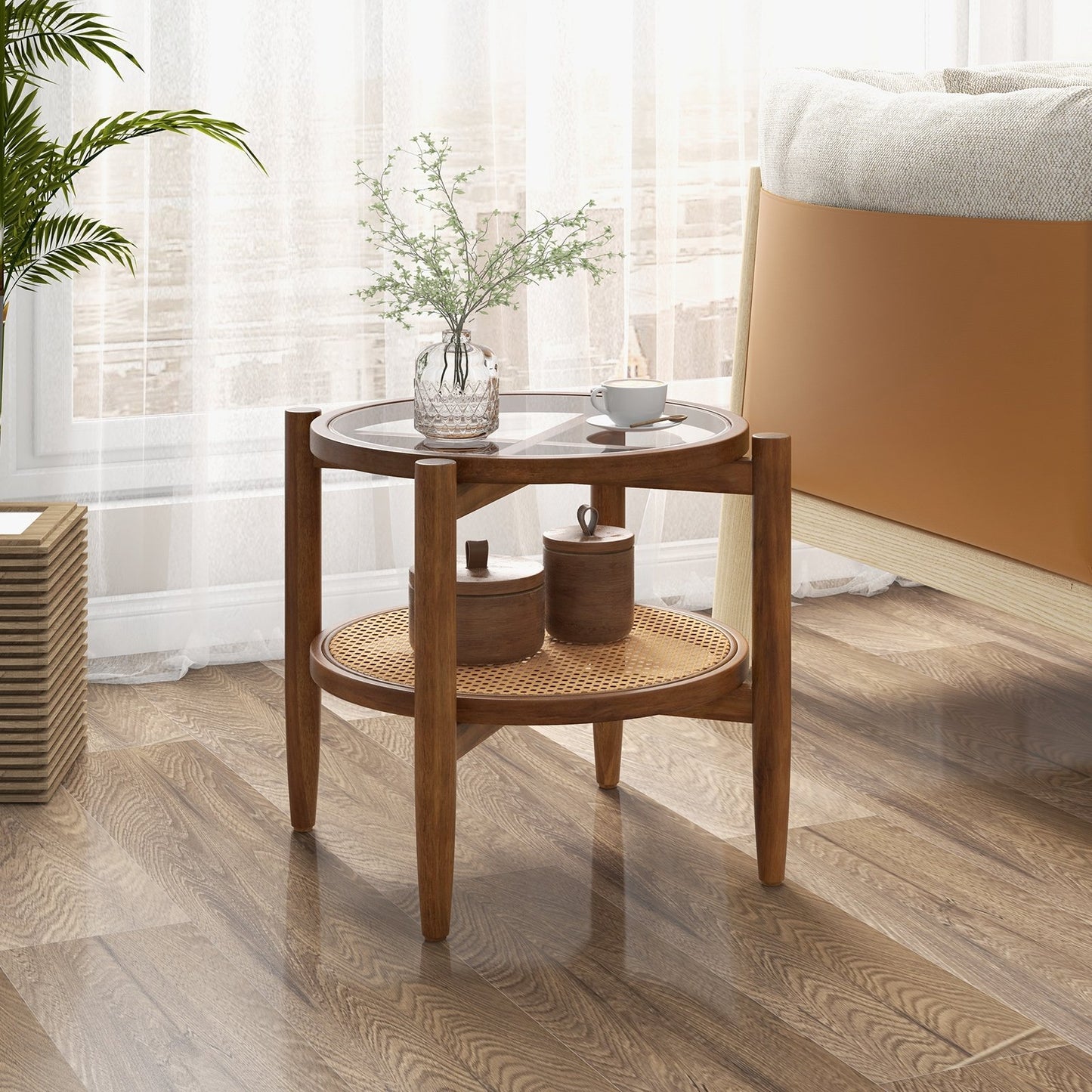 Rattan Round Side End Table with Tempered Glass Tabletop, Brown