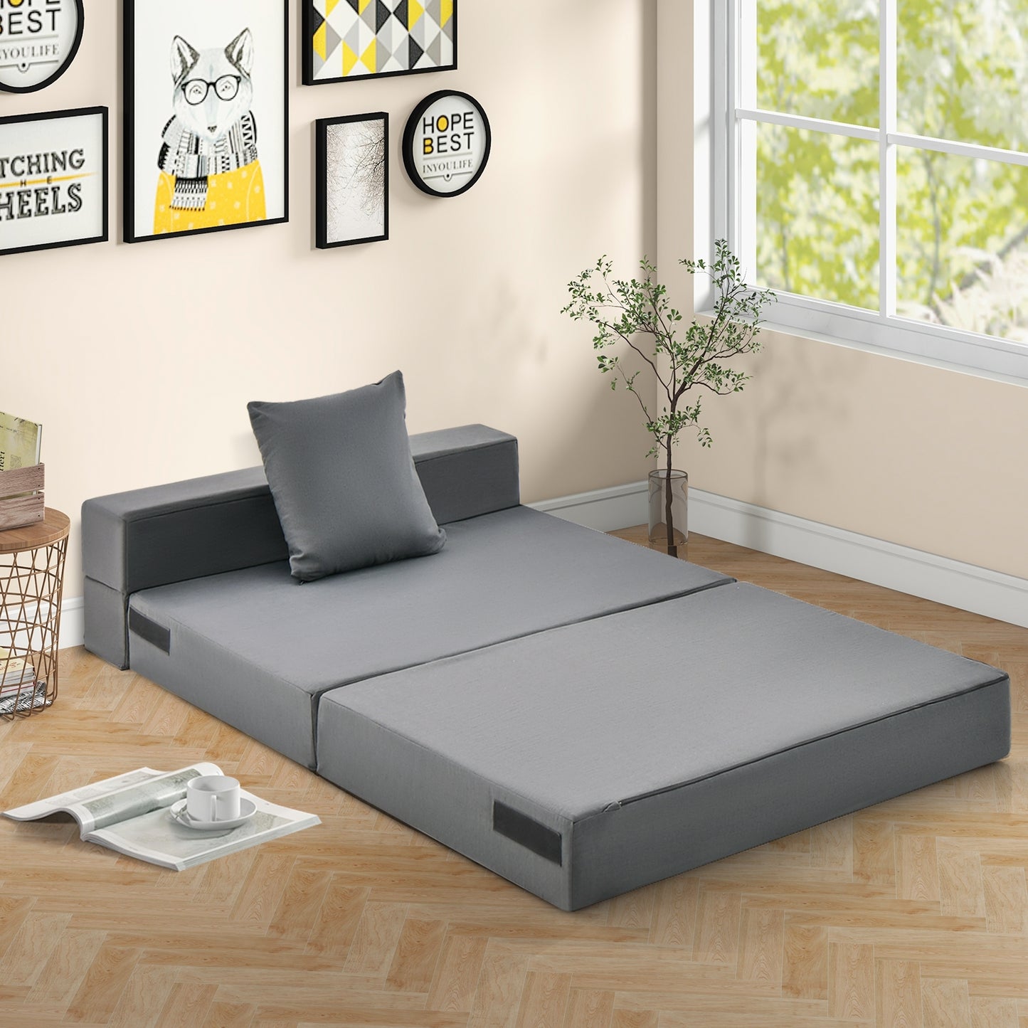 6 Inch Tri-fold Sofa Bed Folding Mattress with Pillow, Dark Gray Floor Chairs at Gallery Canada