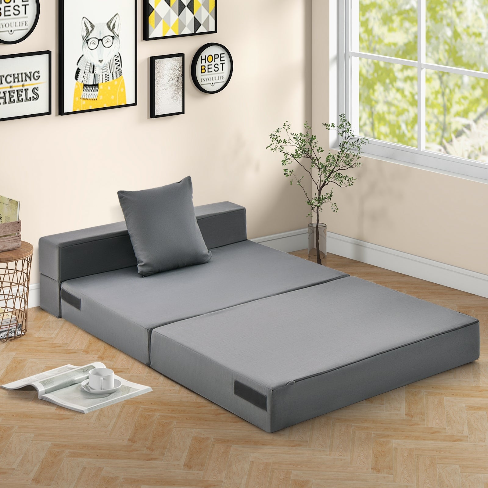 6 Inch Tri-fold Sofa Bed Folding Mattress with Pillow, Dark Gray Floor Chairs at Gallery Canada