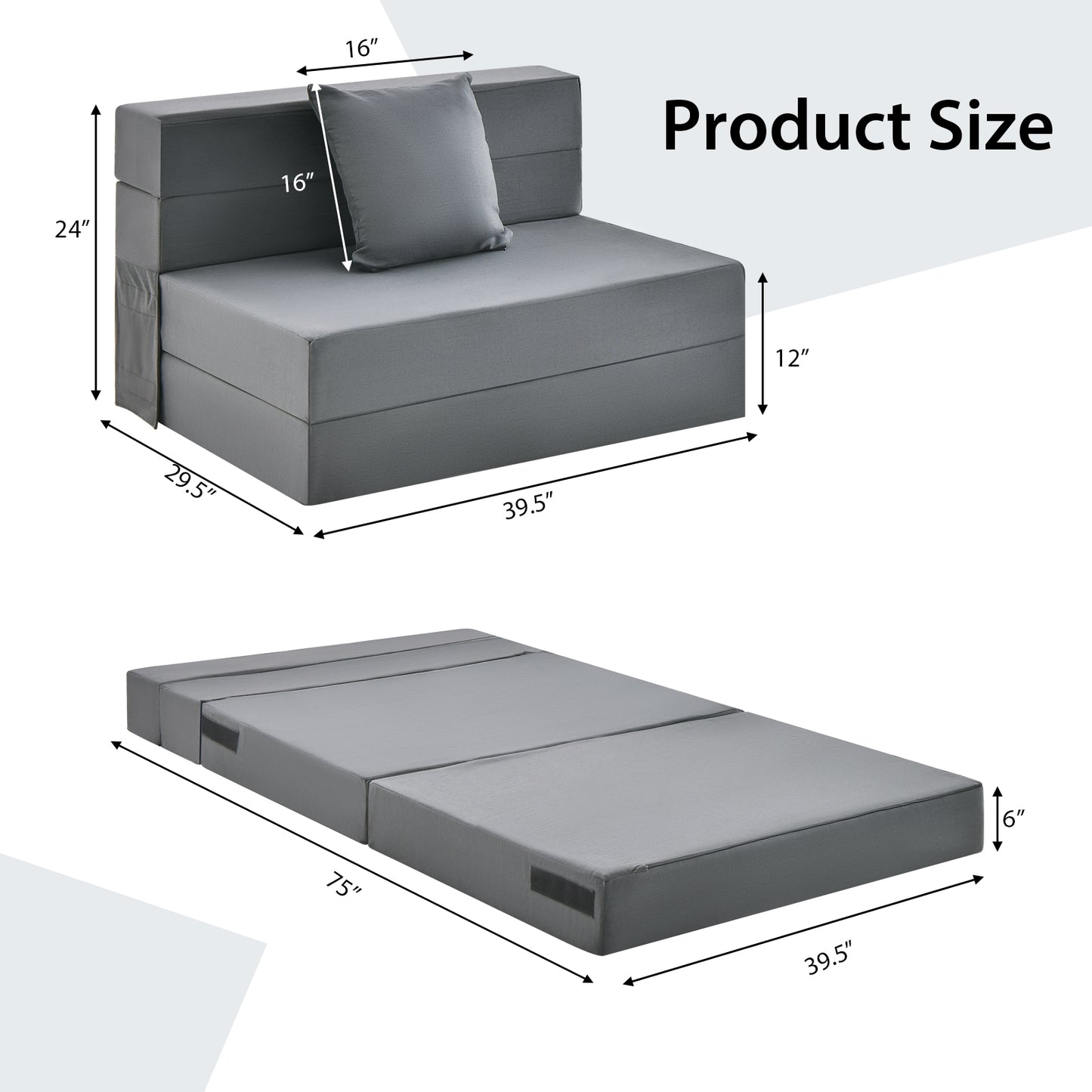 6 Inch Tri-fold Sofa Bed Folding Mattress with Pillow, Dark Gray Floor Chairs at Gallery Canada