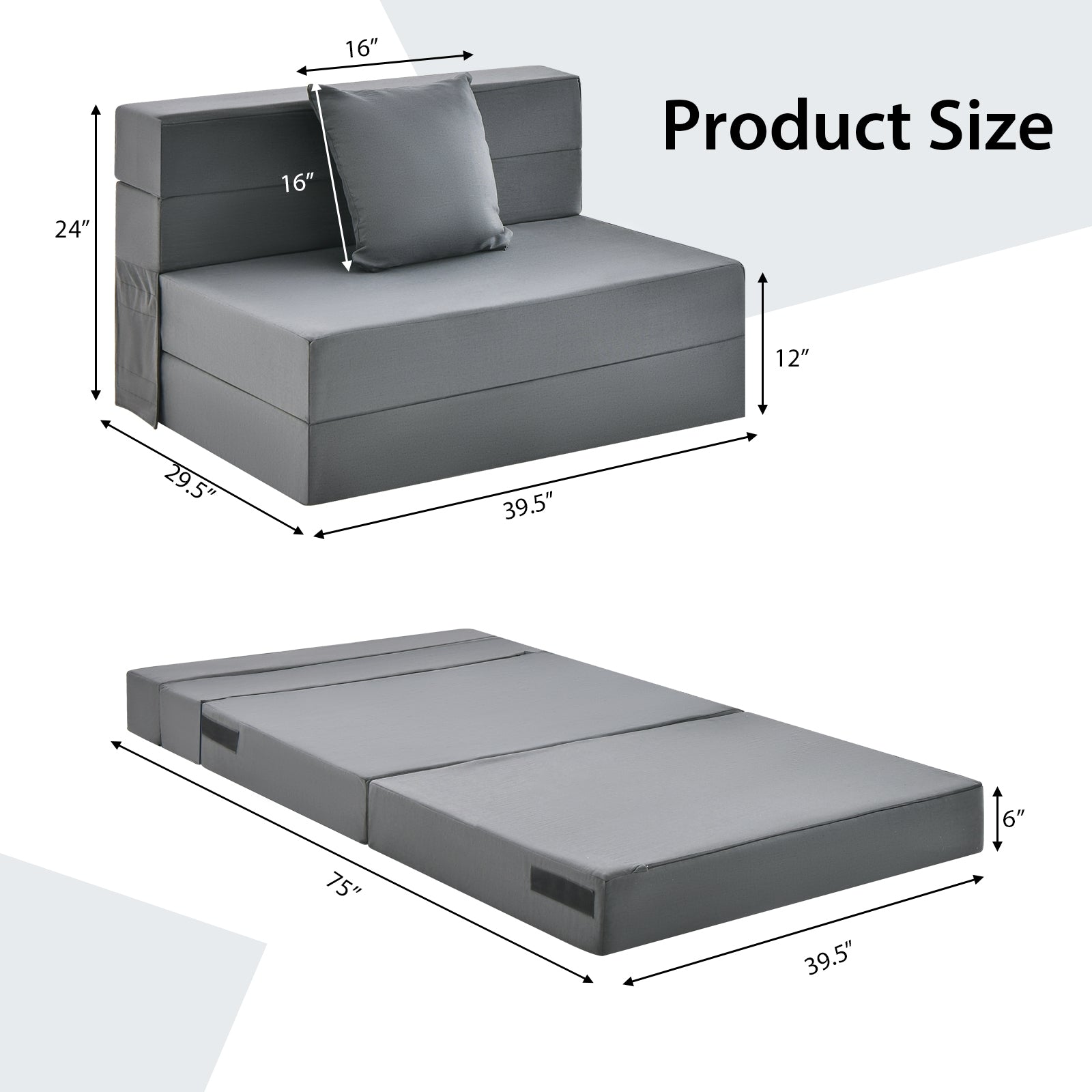 6 Inch Tri-fold Sofa Bed Folding Mattress with Pillow, Dark Gray Floor Chairs at Gallery Canada