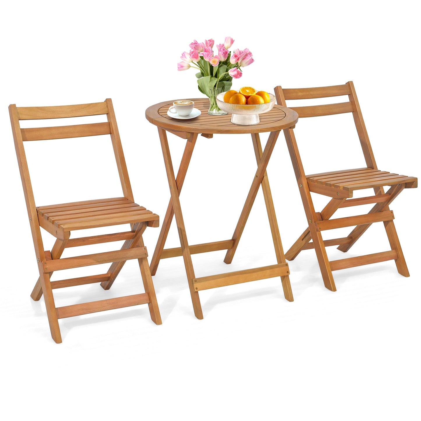 3 Pieces Folding Patio Bistro Set with Slatted Tabletop, Natural Patio Conversation Sets at Gallery Canada