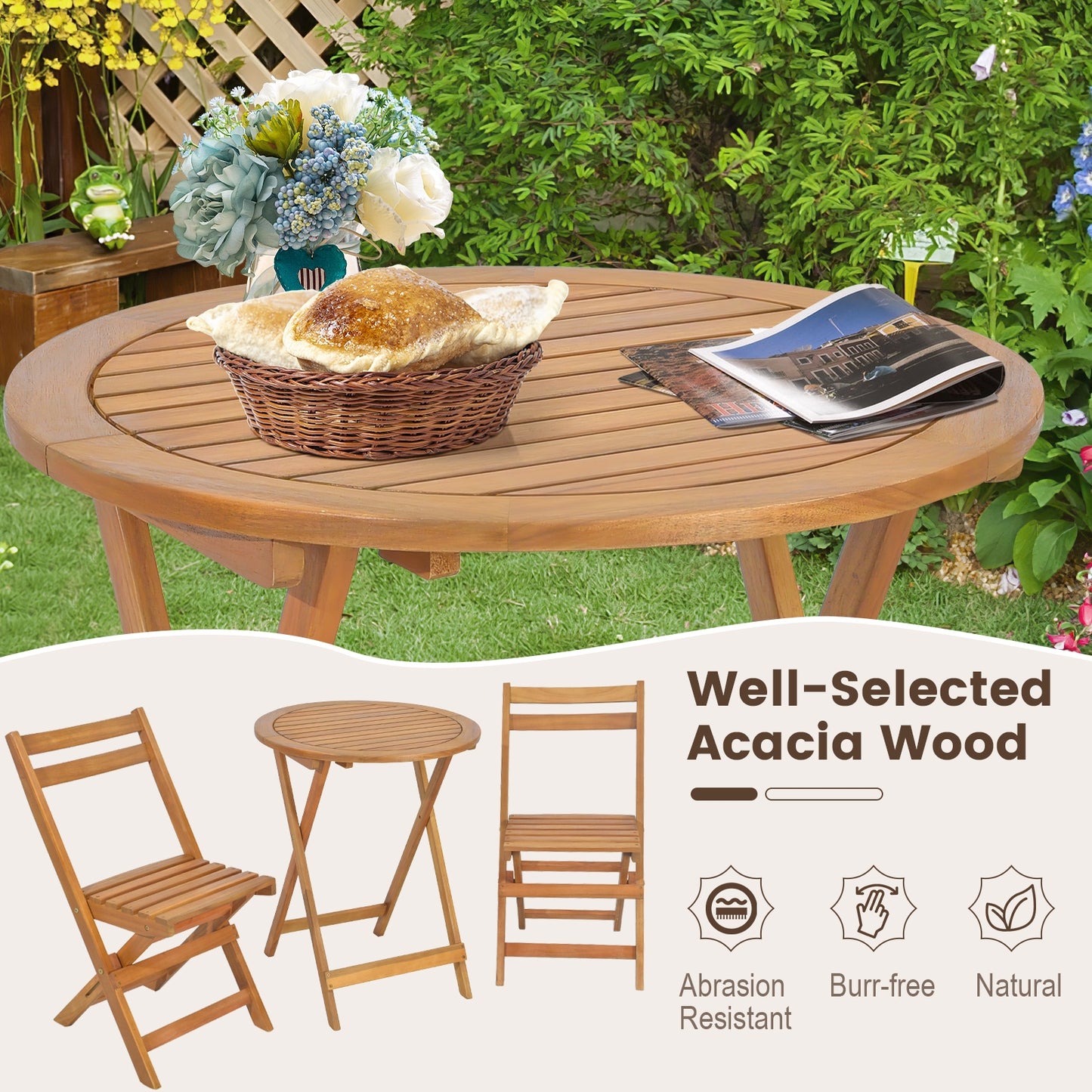 3 Pieces Folding Patio Bistro Set with Slatted Tabletop, Natural Patio Conversation Sets at Gallery Canada