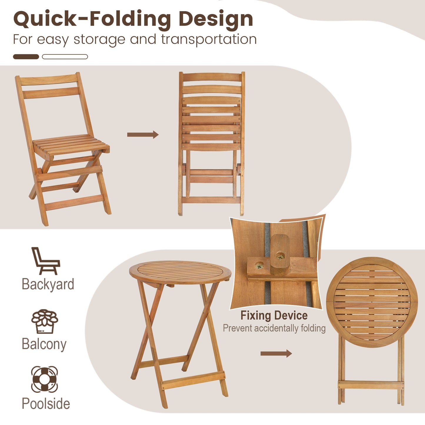 3 Pieces Folding Patio Bistro Set with Slatted Tabletop, Natural Patio Conversation Sets at Gallery Canada