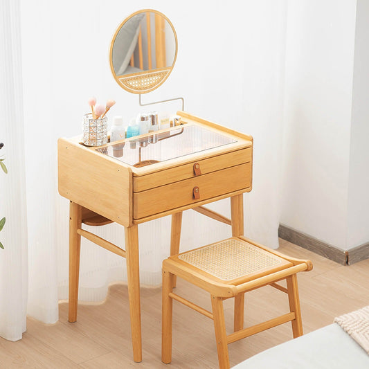 Bamboo Makeup Vanity Table with Stool and Rotating Mirror, Natural