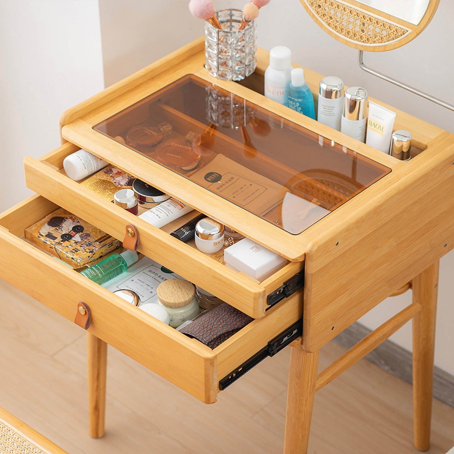 Bamboo Makeup Vanity Table with Stool and Rotating Mirror, Natural - Gallery Canada