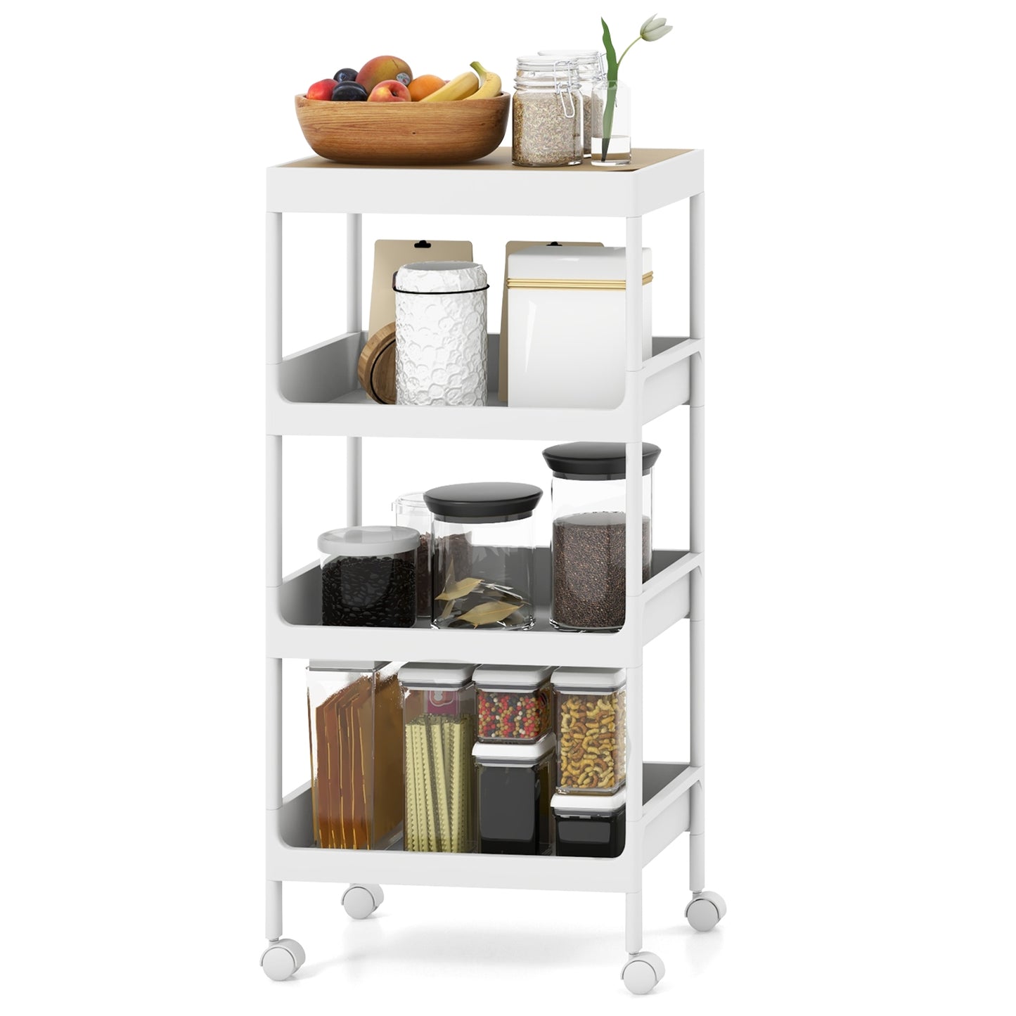 3/4 Tier Utility Rolling Cart with Detachable Tray Top and Locking Wheels-4-Tier, White Kitchen Islands & Carts at Gallery Canada