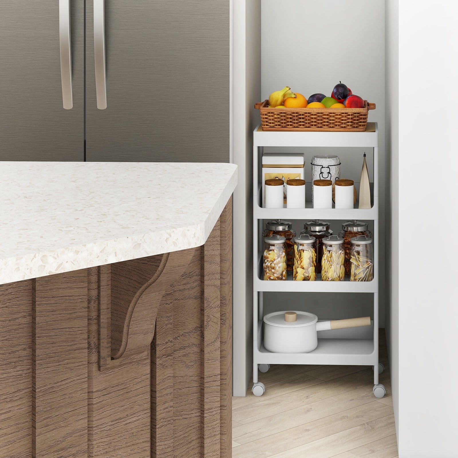 3/4 Tier Utility Rolling Cart with Detachable Tray Top and Locking Wheels-4-Tier, White Kitchen Islands & Carts at Gallery Canada