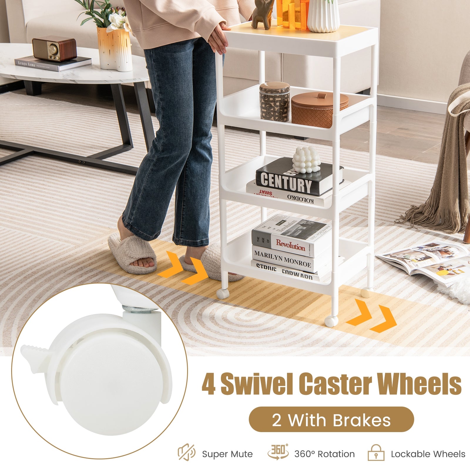 3/4 Tier Utility Rolling Cart with Detachable Tray Top and Locking Wheels-4-Tier, White Kitchen Islands & Carts at Gallery Canada
