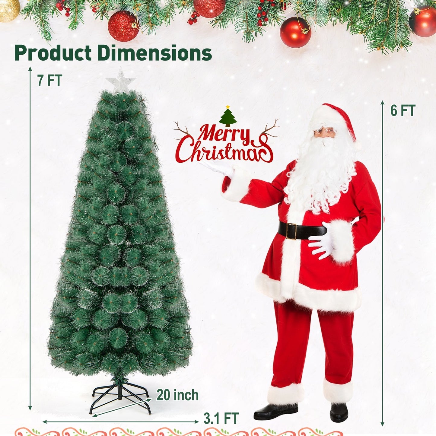 5/6/7 FT Pre-Lit Fiber Optic Christmas Tree with 148/185/226 Multi-Color LED Lights and Top Star Light-7 ft, Green