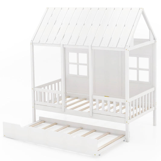 Twin Size Bed Frame House Bed with Trundle and 82 Inch Tall Roof, White - Gallery Canada