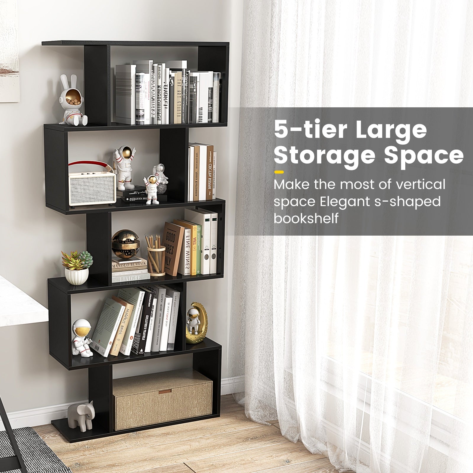5-Tier Bookshelf with Anti-Toppling Device for Living Room Home Office, Black Bookcases at Gallery Canada
