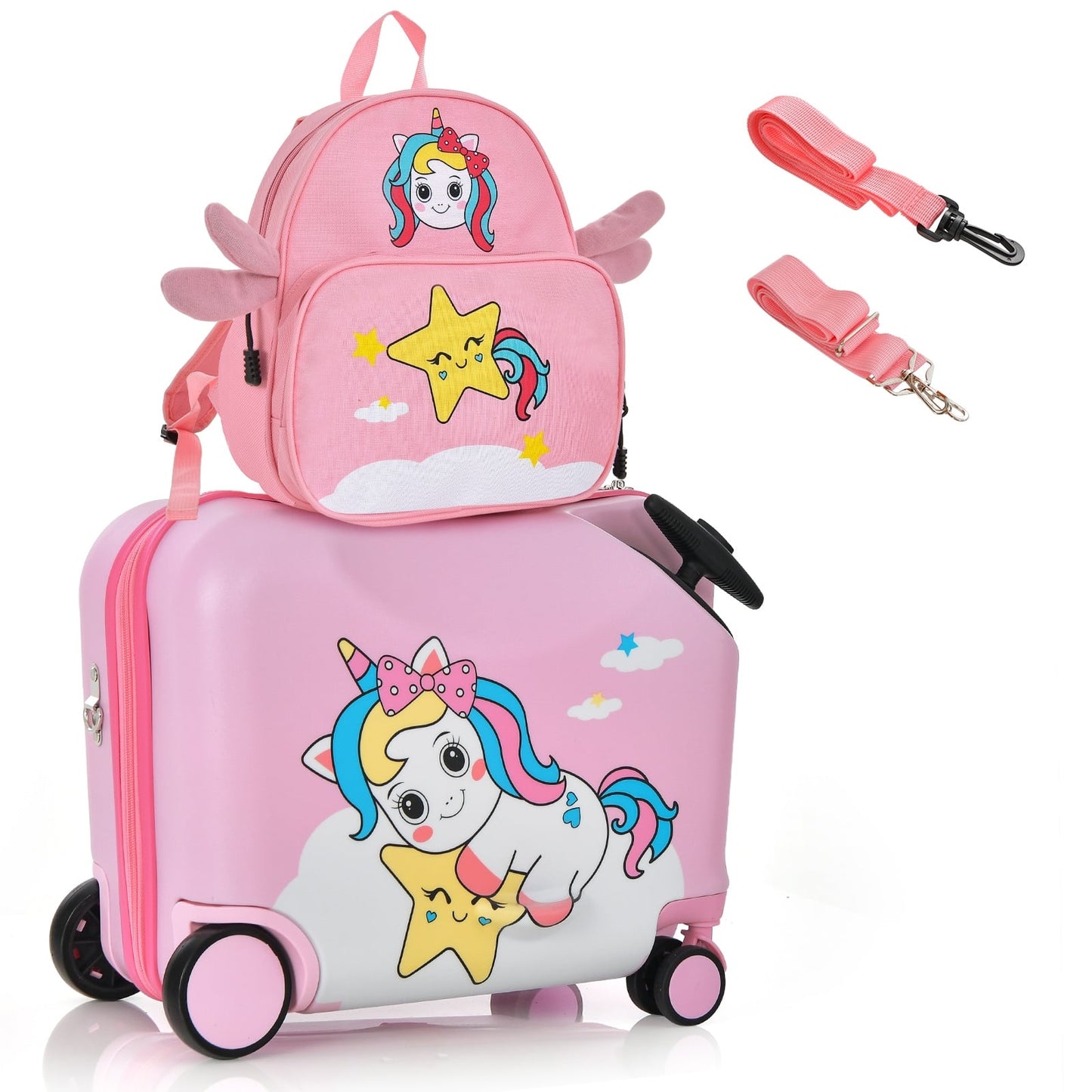 Ensemble de Bagages pour Enfants de 18 Pouces, 2 Pièces, Roues Spinner, Rose