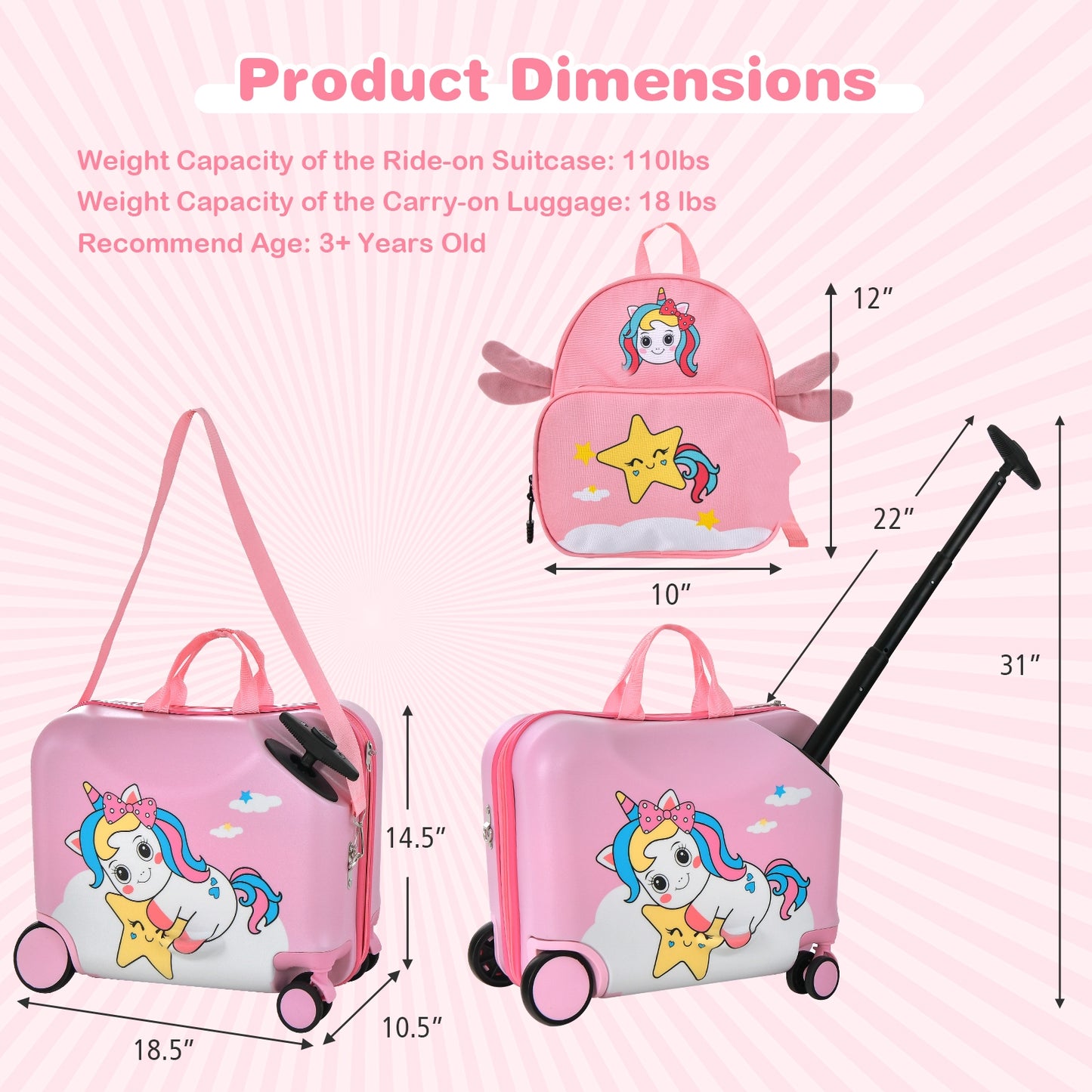2 Pieces 18 Inch Ride-on Kids Luggage Set with Spinner Wheels, Pink Kids Luggage at Gallery Canada