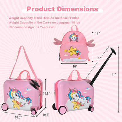 2 Pieces 18 Inch Ride-on Kids Luggage Set with Spinner Wheels, Pink Kids Luggage at Gallery Canada