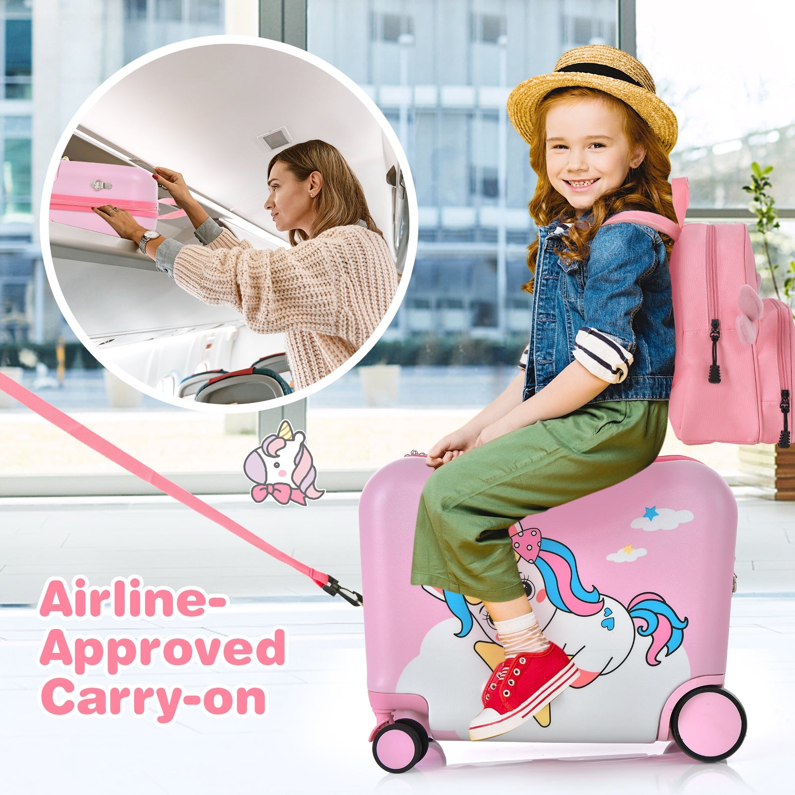 2 Pieces 18 Inch Ride-on Kids Luggage Set with Spinner Wheels, Pink Kids Luggage at Gallery Canada