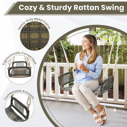 Wicker Porch Swing Seat with Cozy Armrests, Gray Porch Swings at Gallery Canada