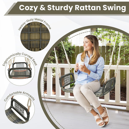 Wicker Porch Swing Seat with Cozy Armrests, Gray