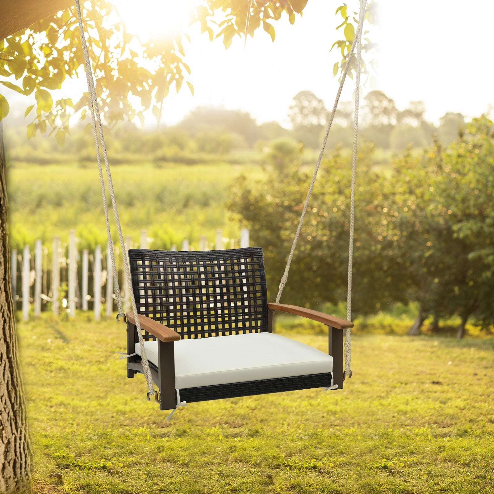 Single Rattan Porch Swing with Armrests Cushion and Hanging Ropes, White Porch Swings at Gallery Canada