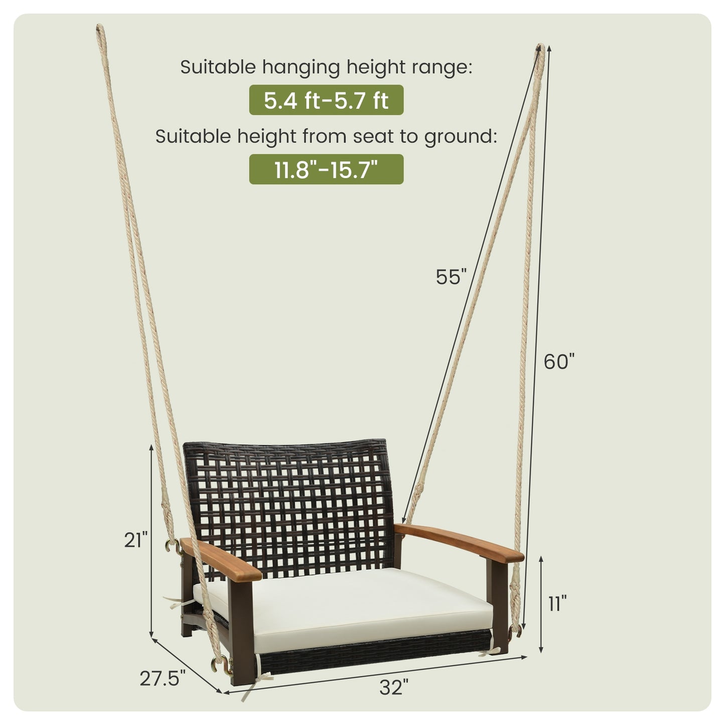 Single Rattan Porch Swing with Armrests Cushion and Hanging Ropes, White Porch Swings at Gallery Canada