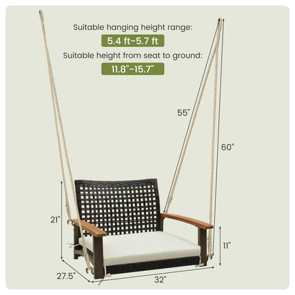 Single Rattan Porch Swing with Armrests Cushion and Hanging Ropes, White Porch Swings at Gallery Canada