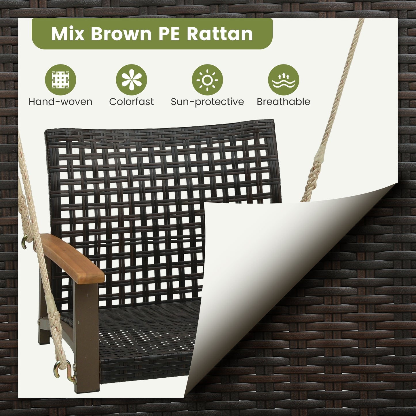 Single Rattan Porch Swing with Armrests Cushion and Hanging Ropes, White Porch Swings at Gallery Canada