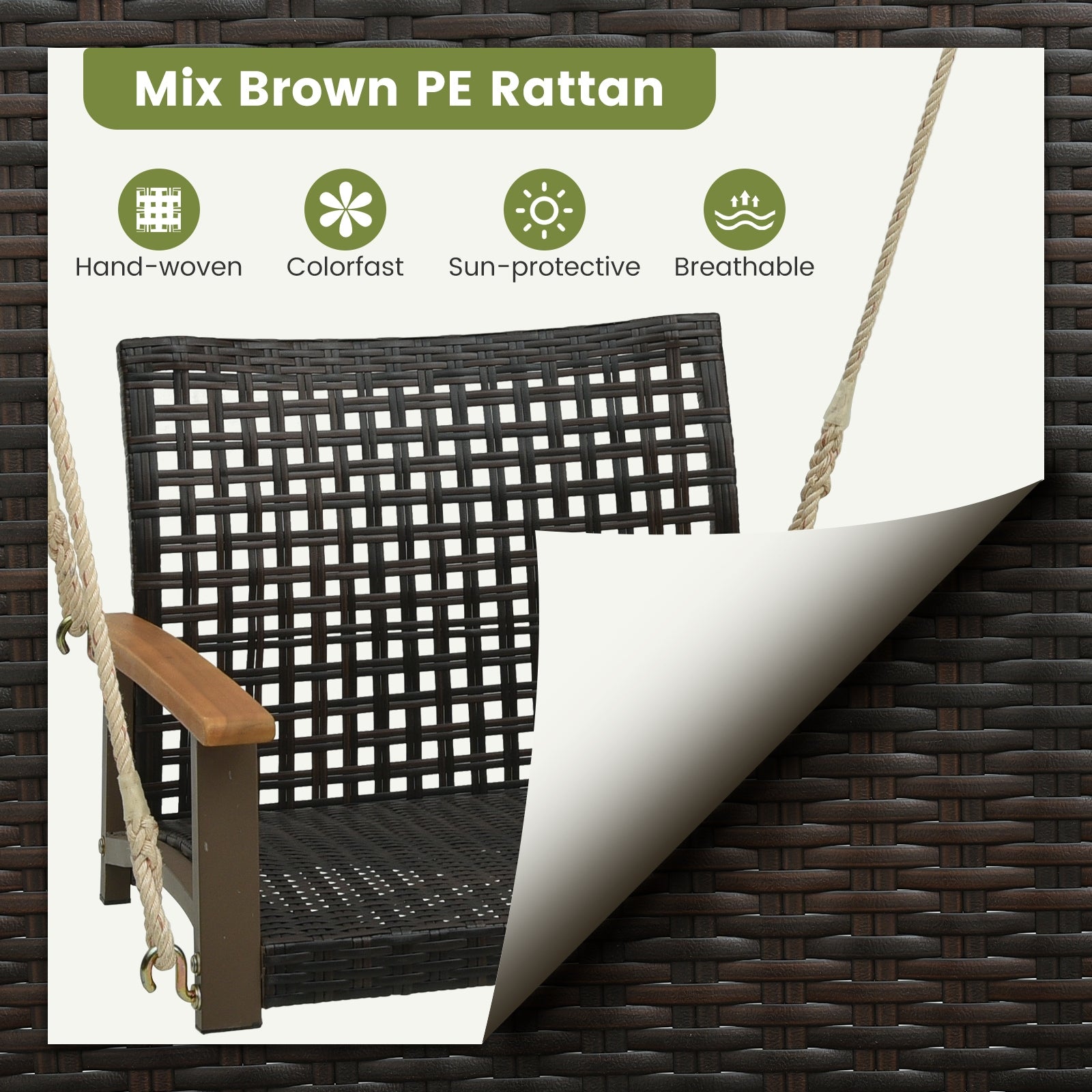 Single Rattan Porch Swing with Armrests Cushion and Hanging Ropes, White Porch Swings at Gallery Canada