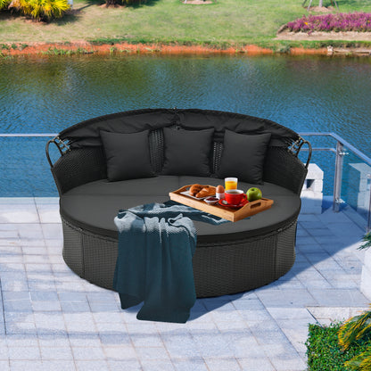 Clamshell Patio Round Daybed Wicker with Retractable Canopy and Pillows, Black Outdoor Sectionals at Gallery Canada