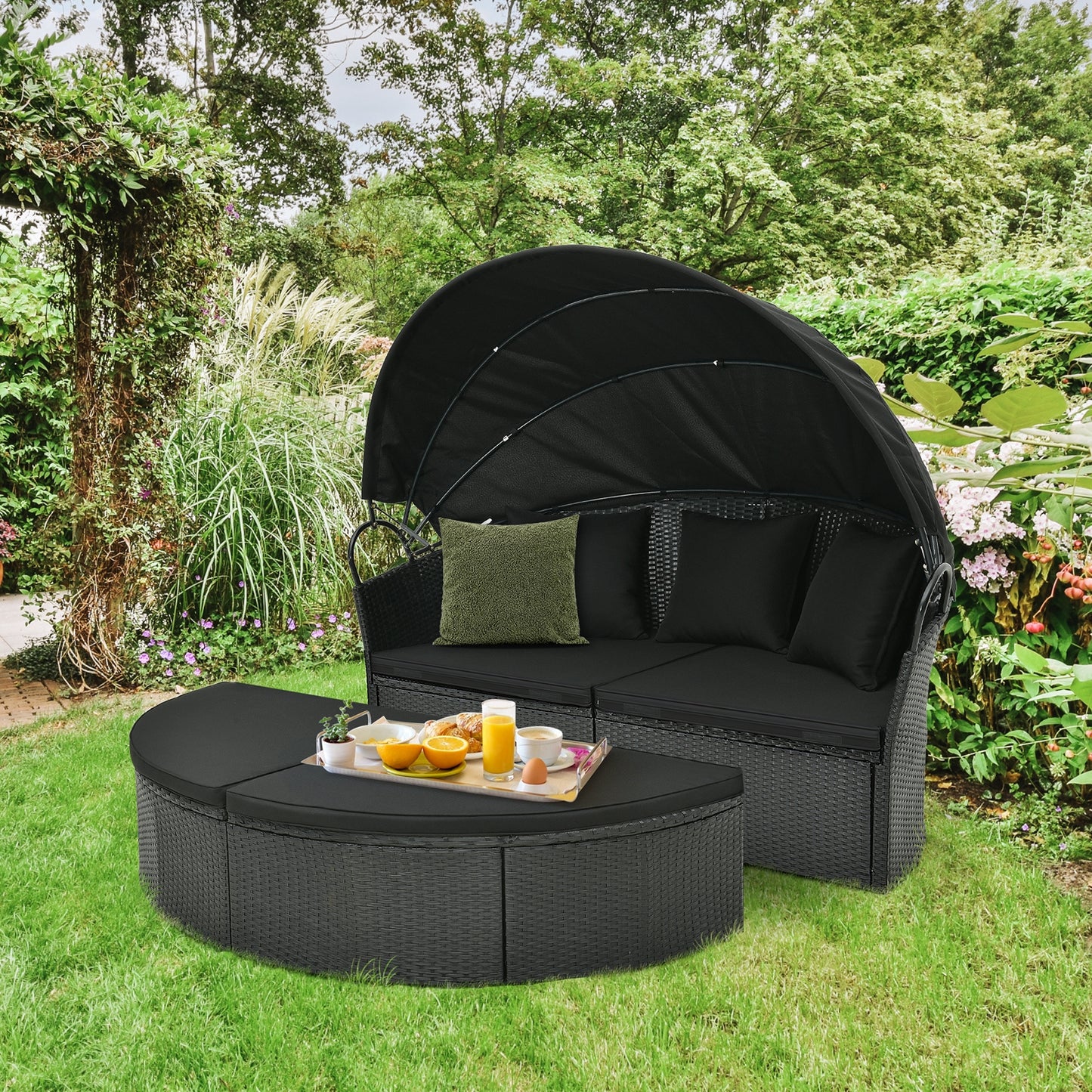 Clamshell Patio Round Daybed Wicker with Retractable Canopy and Pillows, Black Outdoor Sectionals at Gallery Canada