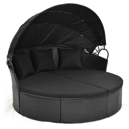 Clamshell Patio Round Daybed Wicker with Retractable Canopy and Pillows at Gallery Canada