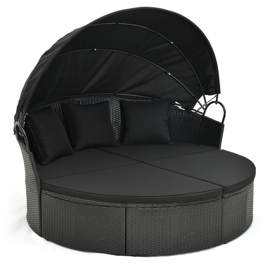 Clamshell Patio Round Daybed Wicker with Retractable Canopy and Pillows, Black Outdoor Sectionals Black at Gallery Canada