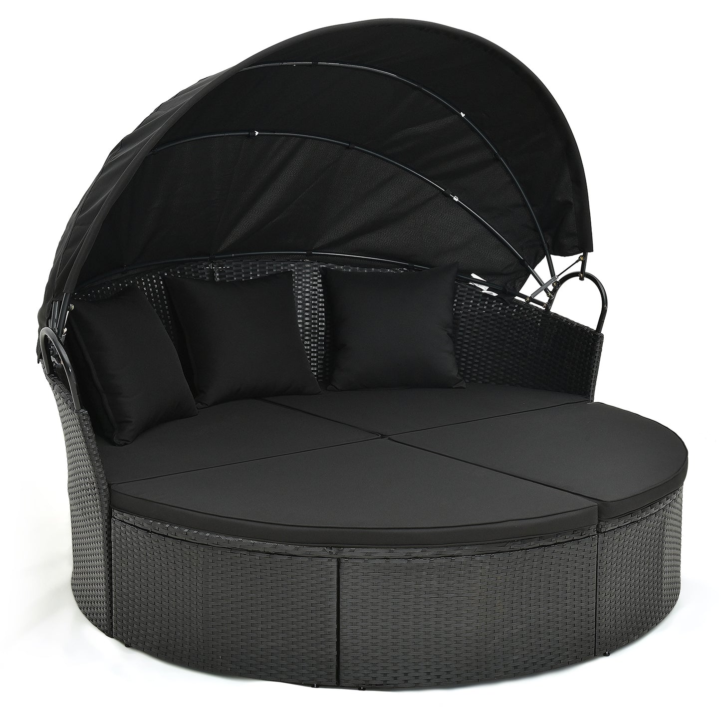 Clamshell Patio Round Daybed Wicker with Retractable Canopy and Pillows, Black Outdoor Sectionals at Gallery Canada