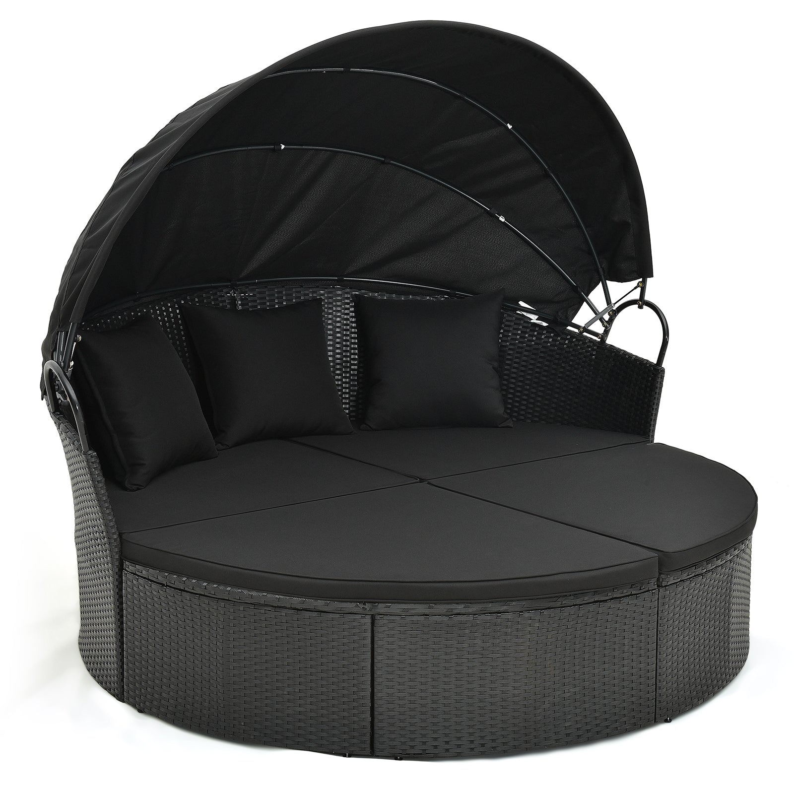 Clamshell Patio Round Daybed Wicker with Retractable Canopy and Pillows, Black Outdoor Sectionals at Gallery Canada