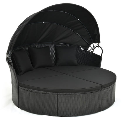 Clamshell Patio Round Daybed Wicker with Retractable Canopy and Pillows, Black Outdoor Sectionals at Gallery Canada