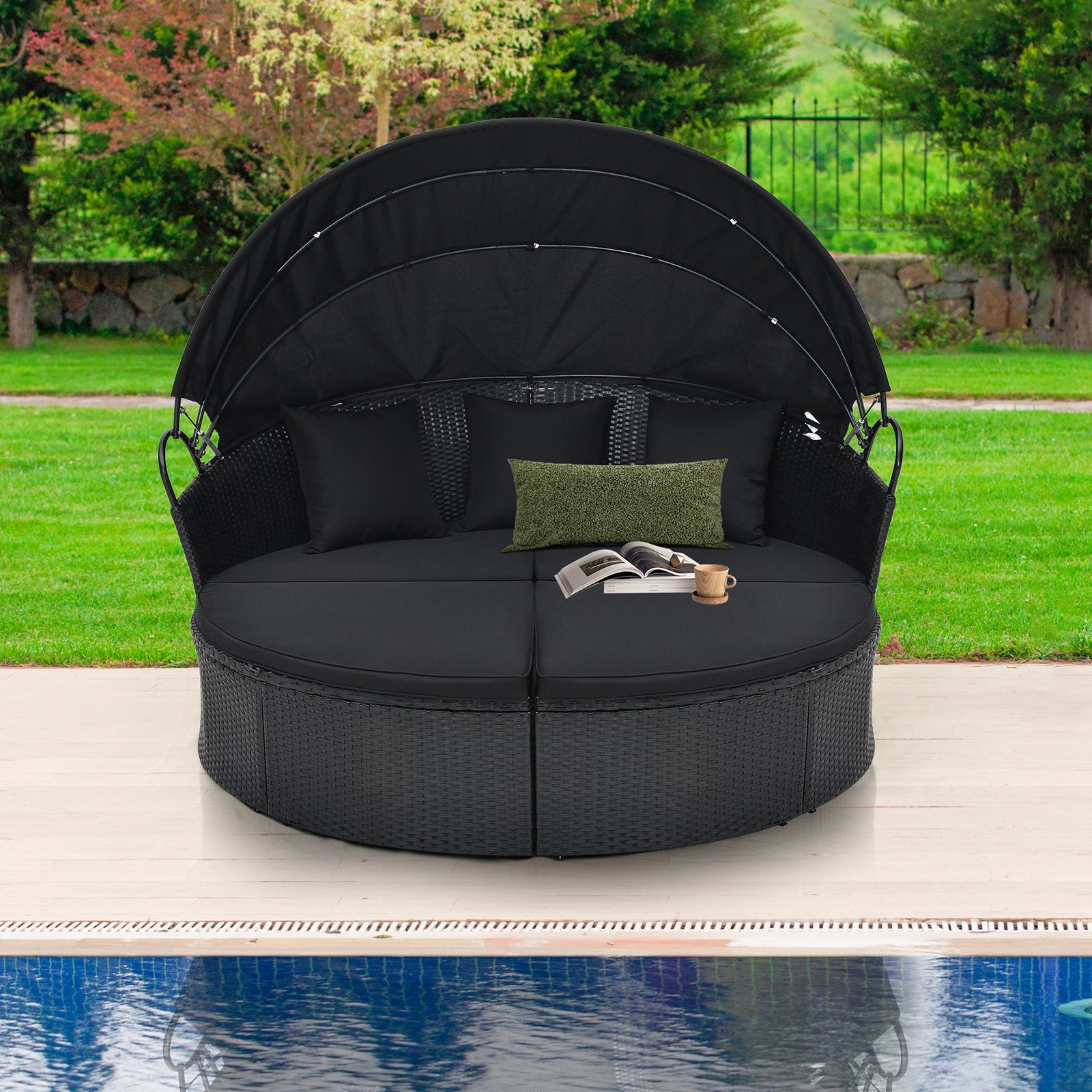 Clamshell Patio Round Daybed Wicker with Retractable Canopy and Pillows, Black Outdoor Sectionals at Gallery Canada