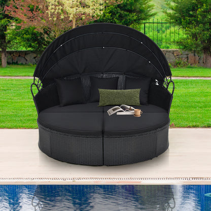 Clamshell Patio Round Daybed Wicker with Retractable Canopy and Pillows, Black Outdoor Sectionals at Gallery Canada
