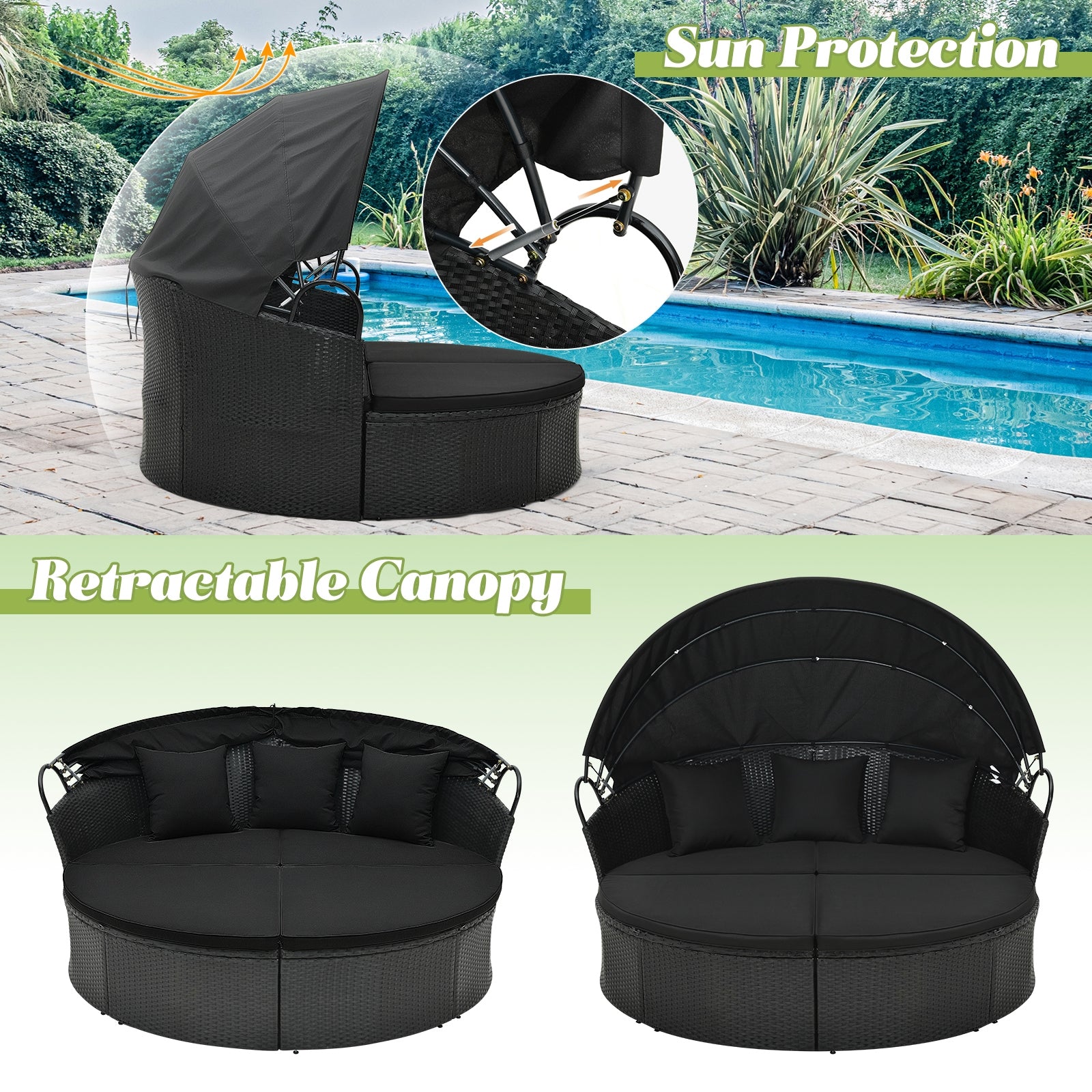 Clamshell Patio Round Daybed Wicker with Retractable Canopy and Pillows, Black Outdoor Sectionals at Gallery Canada