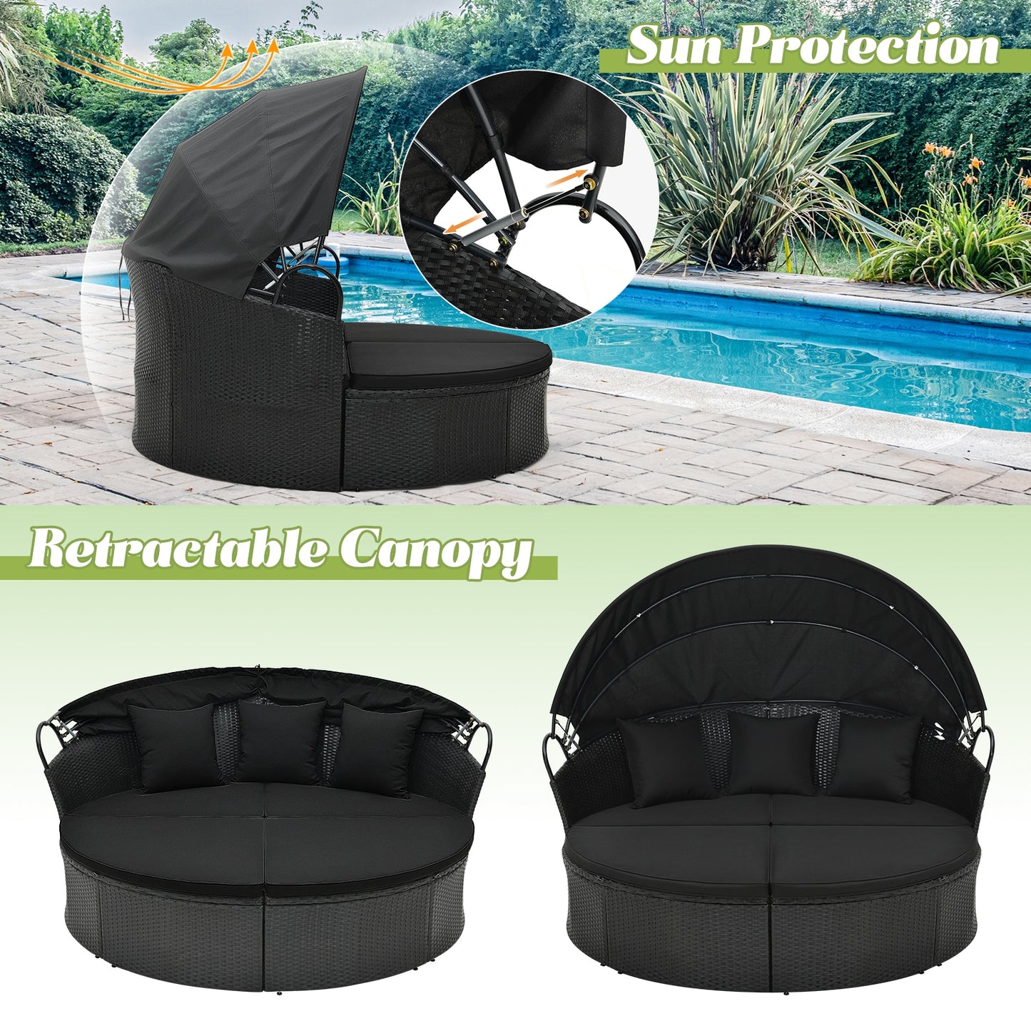 Clamshell Patio Round Daybed Wicker with Retractable Canopy and Pillows, Black Outdoor Sectionals at Gallery Canada
