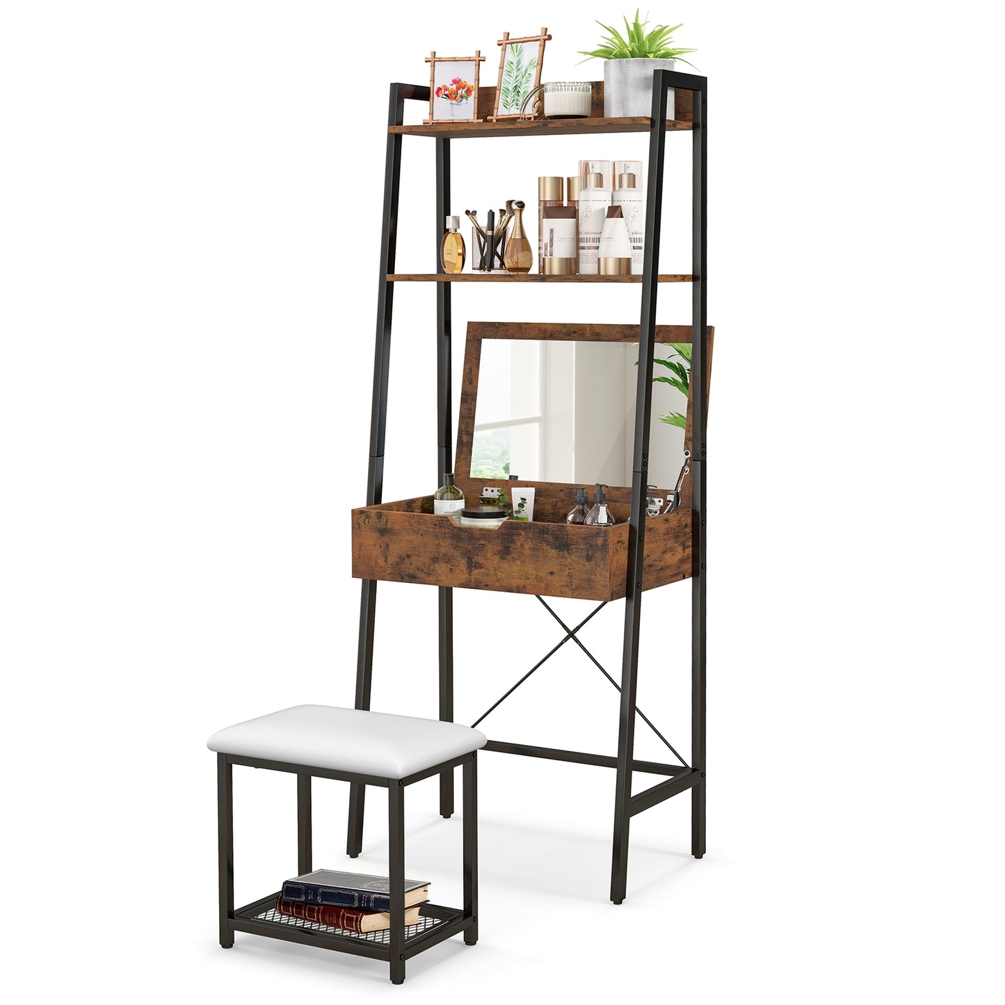 Ladder Vanity Desk Set with Flip Top Mirror and Cushioned Stool, Black Makeup Vanities at Gallery Canada