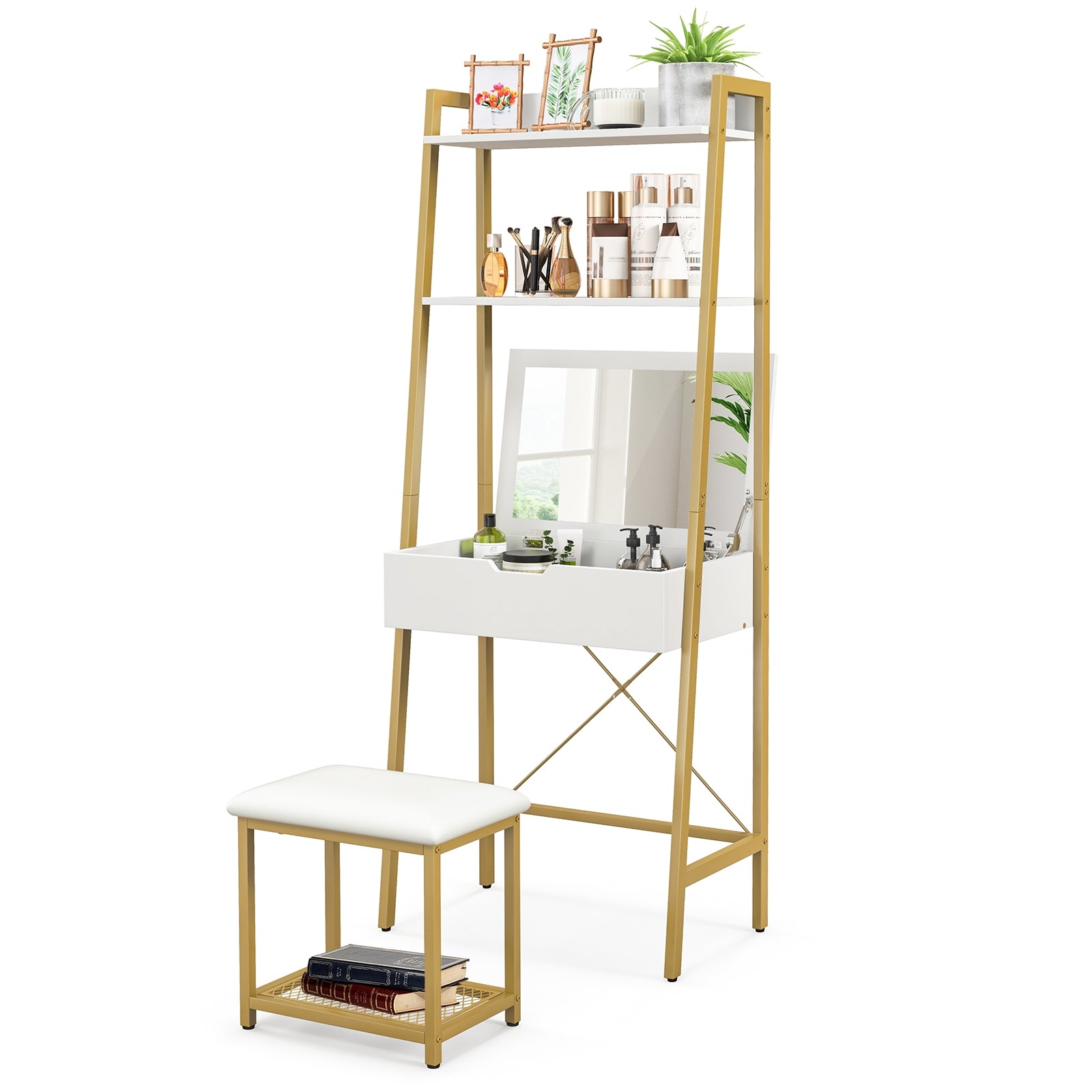 Ladder Vanity Desk Set With Flip Top Mirror, Cushioned Stool, Golden Makeup Vanities at Gallery Canada