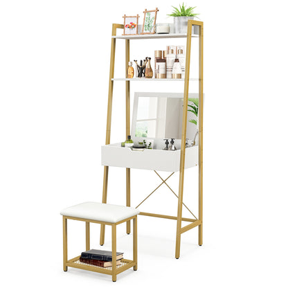 Ladder Vanity Desk Set with Flip Top Mirror and Cushioned Stool, Golden Makeup Vanities at Gallery Canada