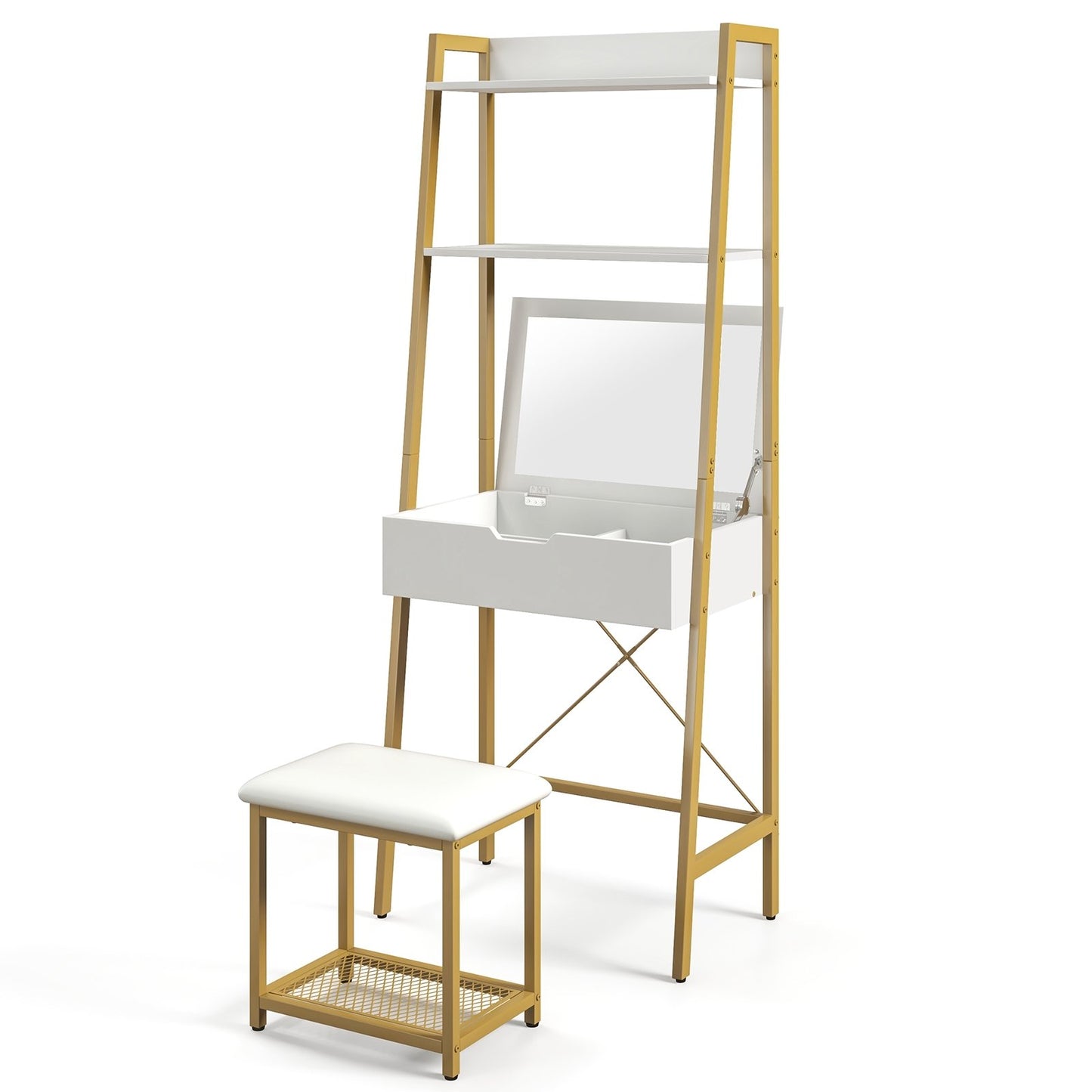 Ladder Vanity Desk Set with Flip Top Mirror and Cushioned Stool, Golden - Gallery Canada